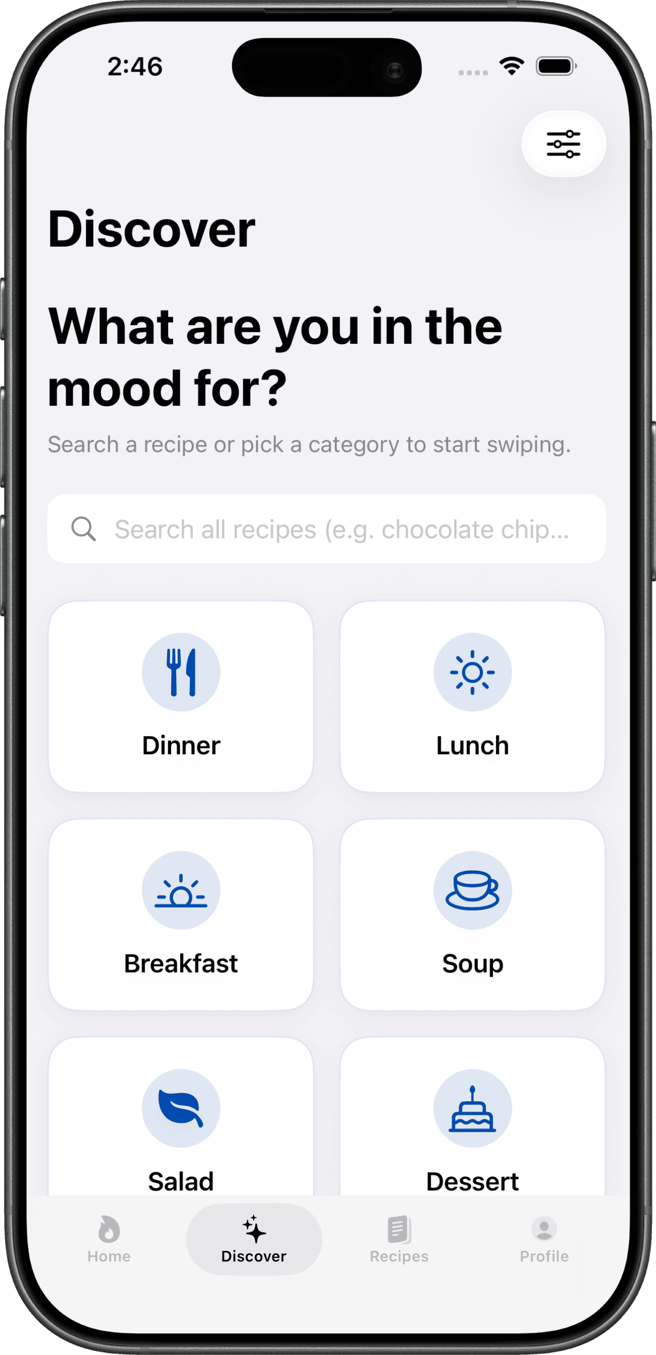 Recipe Thyme discover screen with category and filter options
