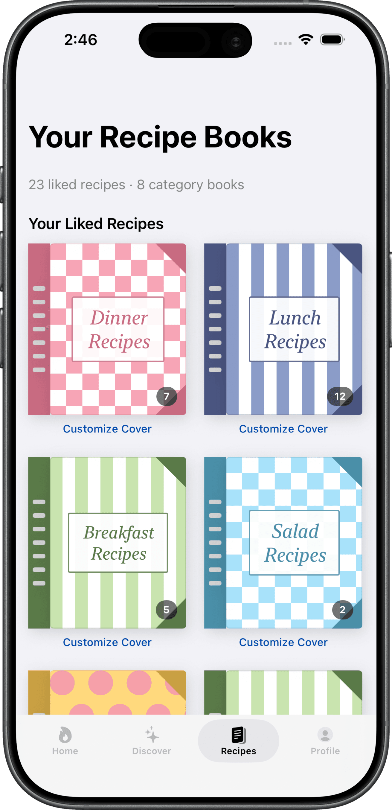 Recipe Thyme recipe books screen showing saved recipes by category