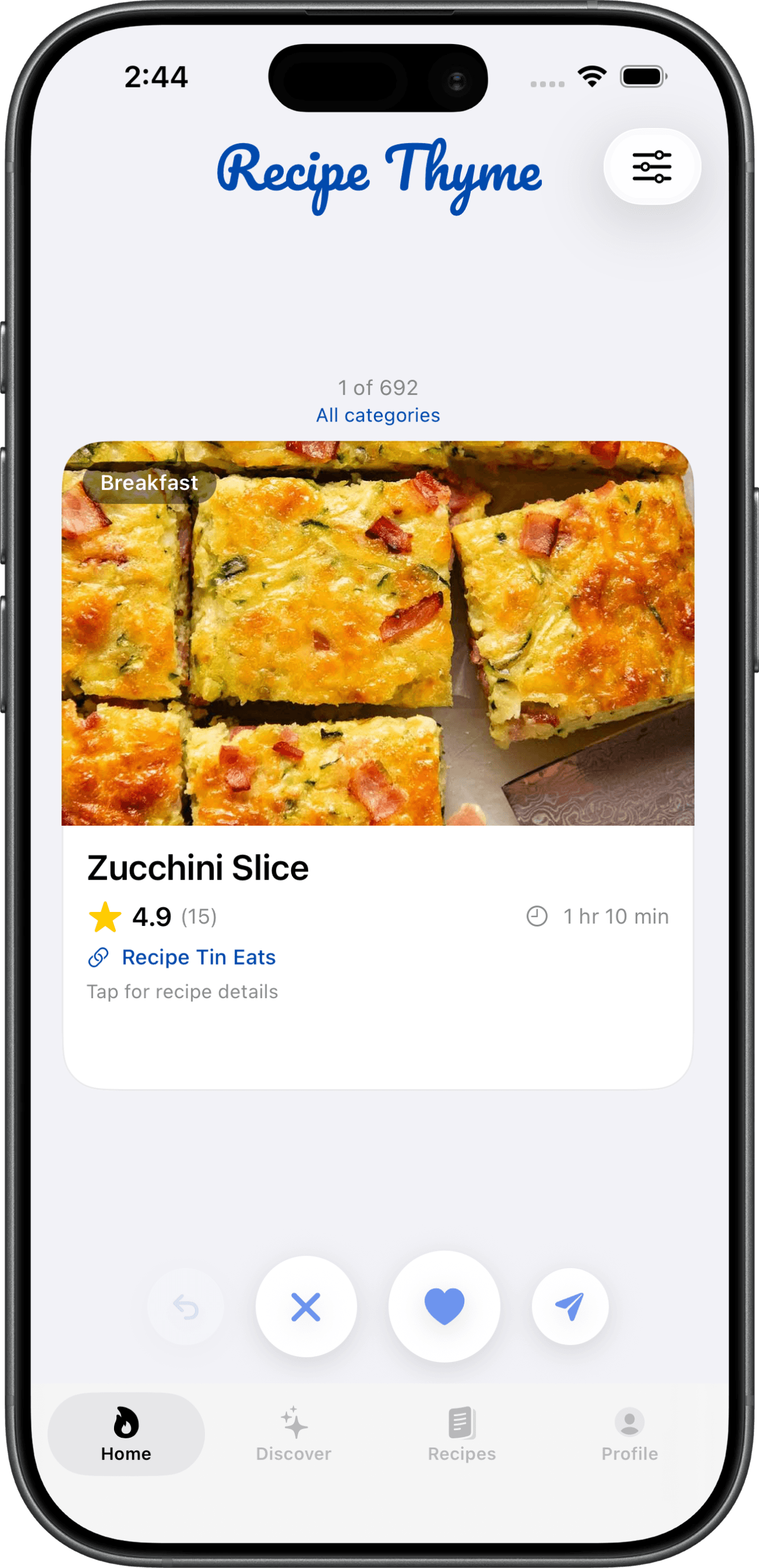Recipe Thyme app home screen